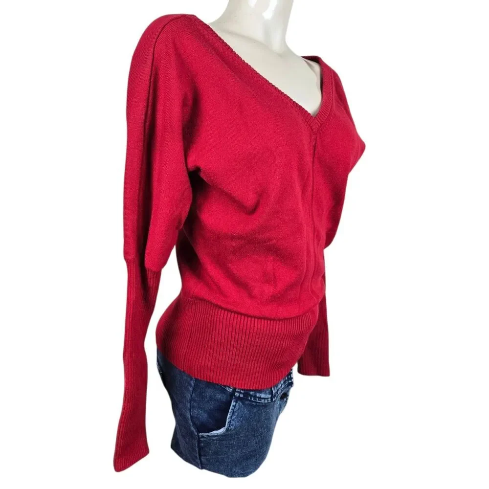 Boston Proper V-Neck Sweater XS Red Cashmere Silk Ribbed Waist & Sleeves